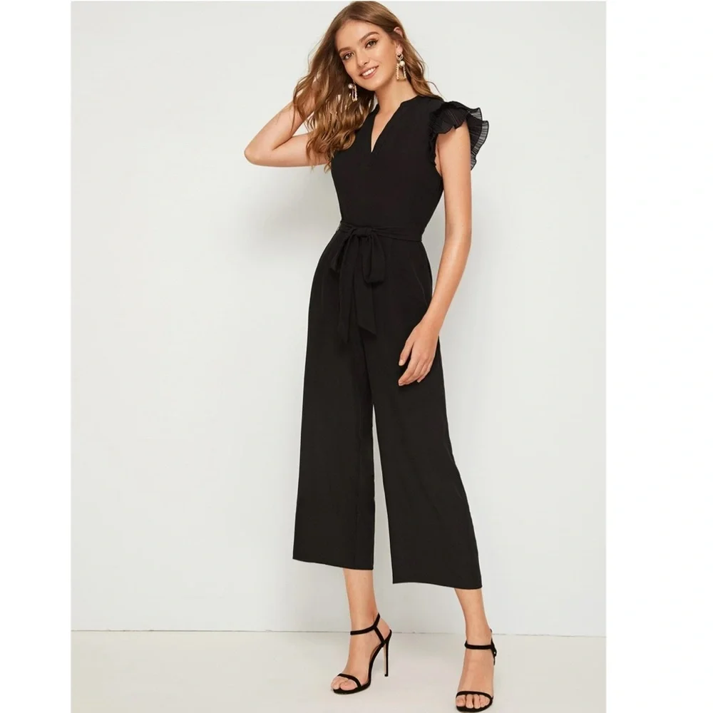 Black Elegant Belted Jumpsuit V-Neck Cap Short Sleeve - Picture 2 of 8